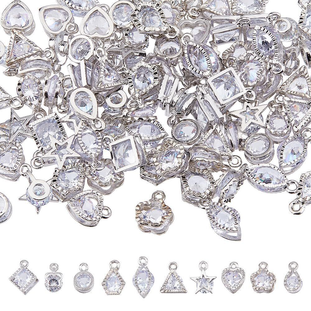 2729 100Pcs 10 Styles Alloy Rhinestone Pendants Cubic Zirconia Charms